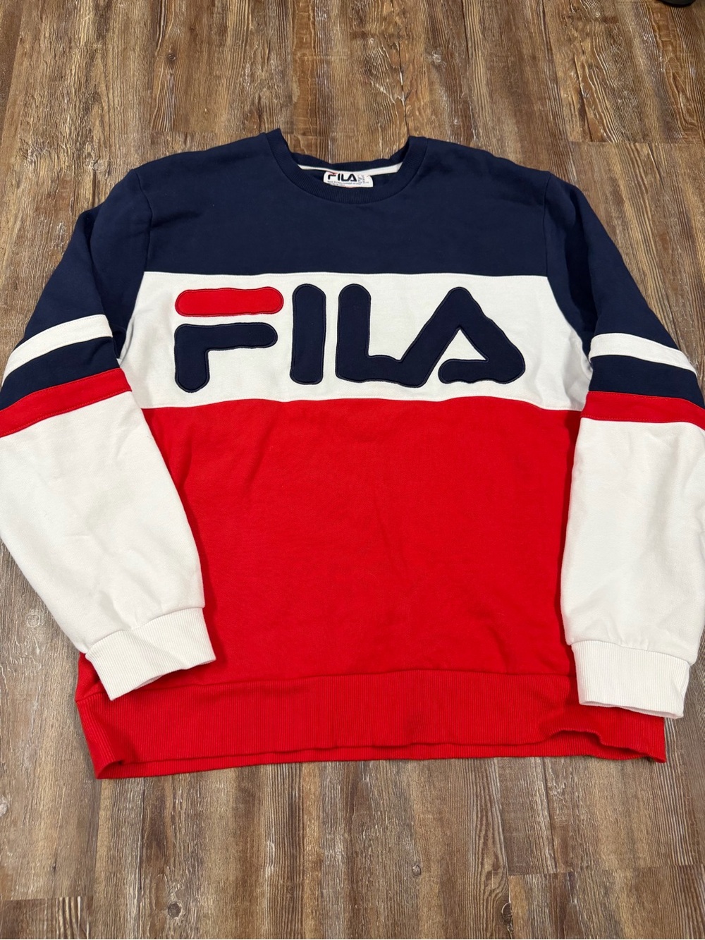 Fila red, white, and navy blue color-blocked crewneck sweatshirt with logo, size